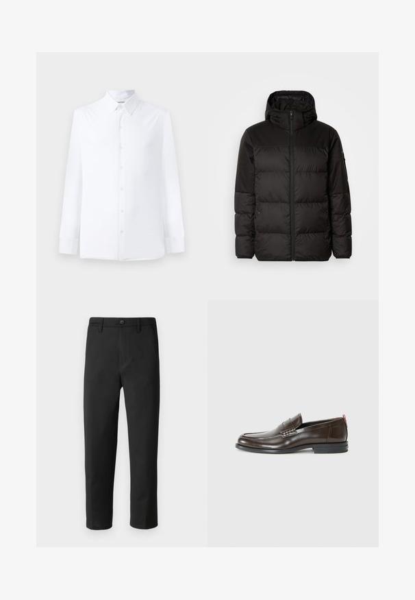 Schwarze Pufferjacke mit Reißverschluss, Kapuze, gesteppten Abschnitten und elastischen Bündchen, hergestellt aus einem glatten, wasserabweisenden Material.; Weißes Langarmhemd aus glattem Stoff, mit klassischem Kragen, durchgehender Knopfleiste und taillierter Passform. Keine sichtbaren Muster.; Schwarze Hose mit geradem Schnitt, aus glattem Stoff gefertigt. Verfügt über einen Knopfverschluss und Gürtelschlaufen. Keine sichtbaren Muster oder Akzente.; Braune Lederloafers mit glatter Oberfläche, runder Spitze, dekorativen Nähten und einem kontrastierenden roten Akzent an der Ferse. Gummisohle.