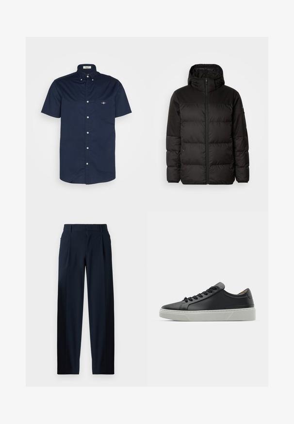 Zwarte pufferjas met ritsluiting, een capuchon, gequiltte secties en elastische manchetten, gemaakt van een glad, waterafstotend materiaal.; Marineblauwe short-sleeve overhemd met knopen in katoen, met een zakje met een klein logo en een spread collar met knoopsluitingen.; Marineblauwe broeken met een gladde textuur, wijde pijpen, plooien aan de voorkant, ceintuurlussen en een ritsluiting. Geschikt voor formele of casual gelegenheden.; Zwarte leren sneaker met een gladde textuur, ronde neus en zwarte veters. Heeft een dikke, witte rubberen zool met subtiele geometrische accenten.