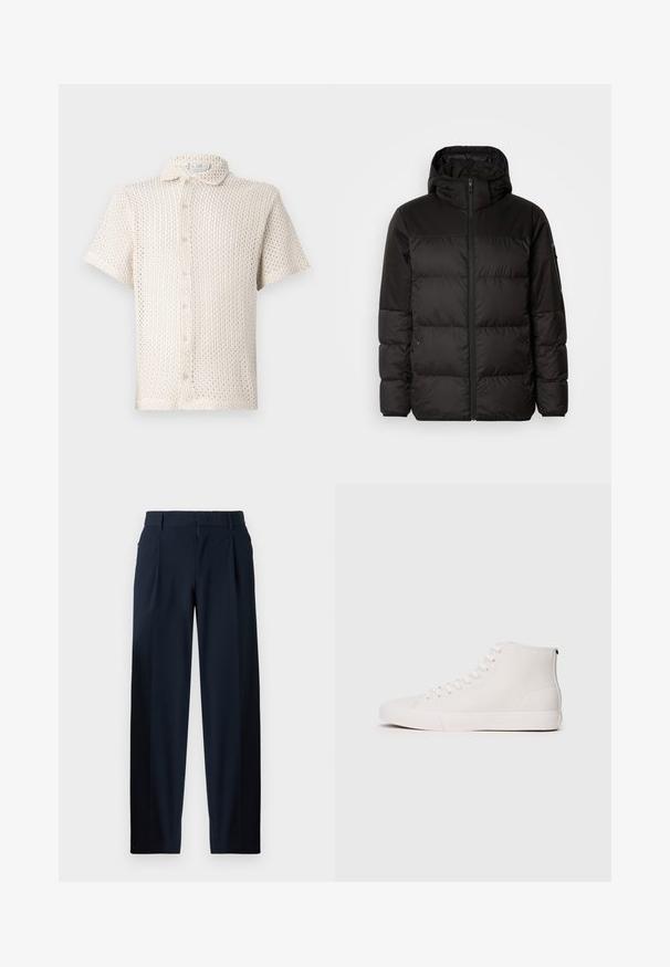 Černá péřová bunda má zipový uzávěr, kapuci, prošívané části a elastické manžety, vyrobená z hladkého, voděodolného materiálu.; Košile s krátkým rukávem, světle béžová, s knoflíky po celé délce vyrobená z texturované otevřené pleteniny, s límečkem a pěti knoflíky vpředu.; Námořnické modré kalhoty s hladkou strukturou, širokým střihem, předními plisovanými záhyby, poutky na opasek a zapínáním na zip. Vhodné pro formální nebo neformální nošení.; Bílé vysoké tenisky z plátna s texturovaným povrchem, s bílými oky a gumovou podrážkou. Jednoduchý design s kontrastním prošíváním.