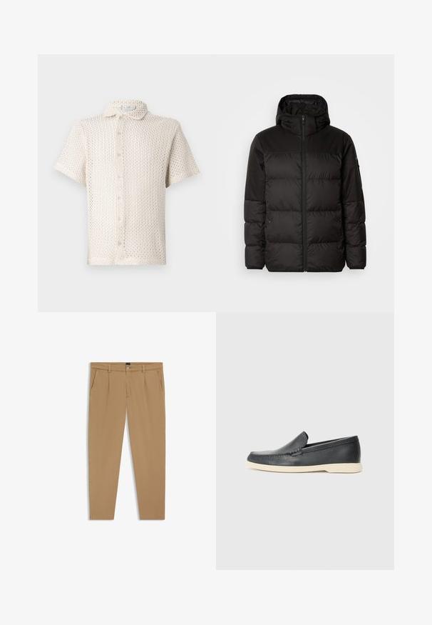 Il giubbotto puffo nero presenta una chiusura con zip, un cappuccio, sezioni trapuntate e polsini elastici, realizzato in un materiale liscio e resistente all'acqua.; Camicia button-up a maniche corte di un leggero beige, realizzata in un tessuto a maglia aperta e texture, con colletto e cinque bottoni sul davanti.; Pantaloni beige con una texture liscia, design a gamba dritta, tasche anteriori e chiusura con bottone in vita.; Mocassini neri in pelle con finitura testurizzata e suola in gomma beige a contrasto. Presentano un accento sottile lungo la parte anteriore.