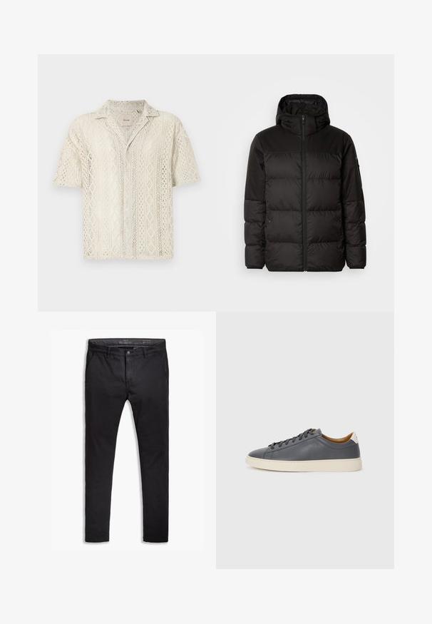 Il giubbotto puffo nero presenta una chiusura con zip, un cappuccio, sezioni trapuntate e polsini elastici, realizzato in un materiale liscio e resistente all'acqua.; Camicetta a maniche corte con bottoni in crema con un motivo a pizzo simile a uncinetto che presenta forme a diamante. Tessuto morbido con una vestibilità comoda.; Chinos neri in cotone con vestibilità affusolata, dotati di cinque tasche, passanti per cintura e una superficie liscia. Chiusura con zip e bottone.; Sneaker in pelle grigia con punta rotonda, suola in gomma, lacci piatti e dettagli chiari sul tallone. Texture liscia e design minimalista.