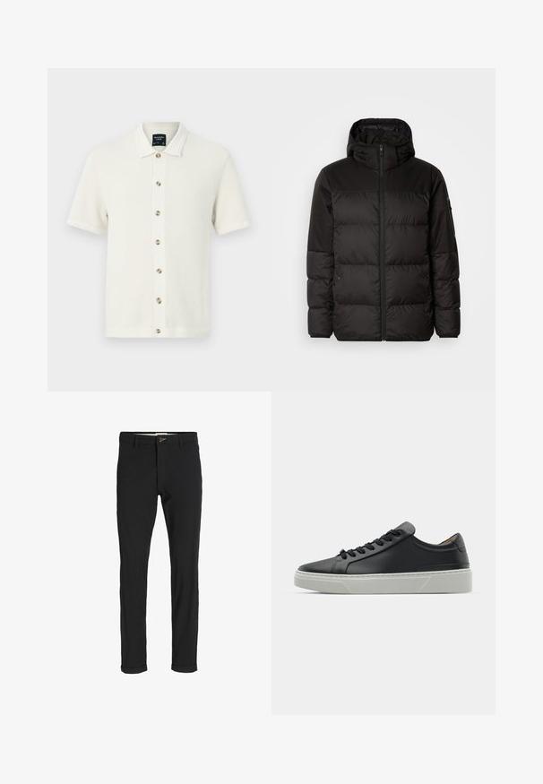 Sort pufferjakke med lynlås, hætte, quiltede sektioner og elastiske manchetter, lavet af et glat, vandafvisende materiale.; Strik polo-shirt i off-white med et struktureret mønster, korte ærmer, en knap-fra-front med kontrasterende knapper og en flad krave.; Sorte bomuldsblandede bukser med slim fit, der har en knaplukning, lommer og opbrugte stumper for et afslappet udtryk.; Sort lædersneaker med en glat overflade, rund tå og sorte snørebånd. Har en tykk, hvid gummisål med subtile geometriske detaljer.