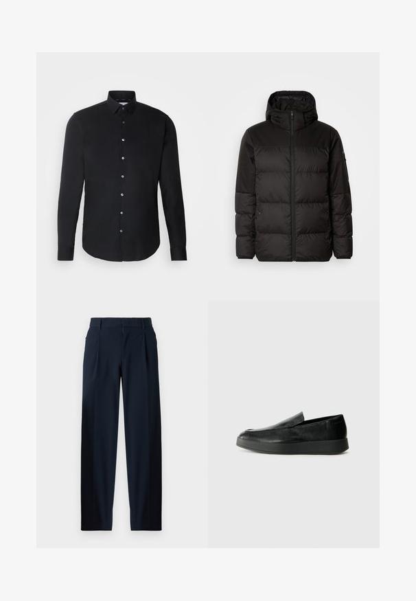 Geacă puffer neagră cu închidere cu fermoar, glugă, secțiuni quilted și manșete elastice, realizată dintr-un material neted, rezistent la apă.; Cămașă neagră cu mâneci lungi, guler cu nasturi, nasturi în față, tiv drept și textură netedă; branding subtile pe piept.; Pantaloni bleumarin cu o textură fină, design cu picioare largi, pliuri frontale, bucle pentru curea și închidere cu fermoar. Potriviți pentru îmbrăcăminte formală sau casual.; Calvin Klein HYBRID CUP - Pantofi slip-on - triple black