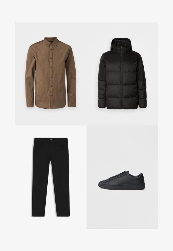 Il giubbotto puffo nero presenta una chiusura con zip, un cappuccio, sezioni trapuntate e polsini elastici, realizzato in un materiale liscio e resistente all'acqua.; Camicia marrone con bottoni, realizzata in tessuto testurizzato, dotata di colletto a punta e maniche lunghe con polsini abbottonati. Sette bottoni sul davanti.; Pantaloni in denim nero con taglio dritto, dotati di vita standard, cinque tasche e chiusura con bottone. Texture liscia su tutta la superficie.; Sneakers neri realizzati in pelle liscia, con design a bassa cima, punta rotonda e suola piatta in gomma. Presentano lacci e un branding discreto.