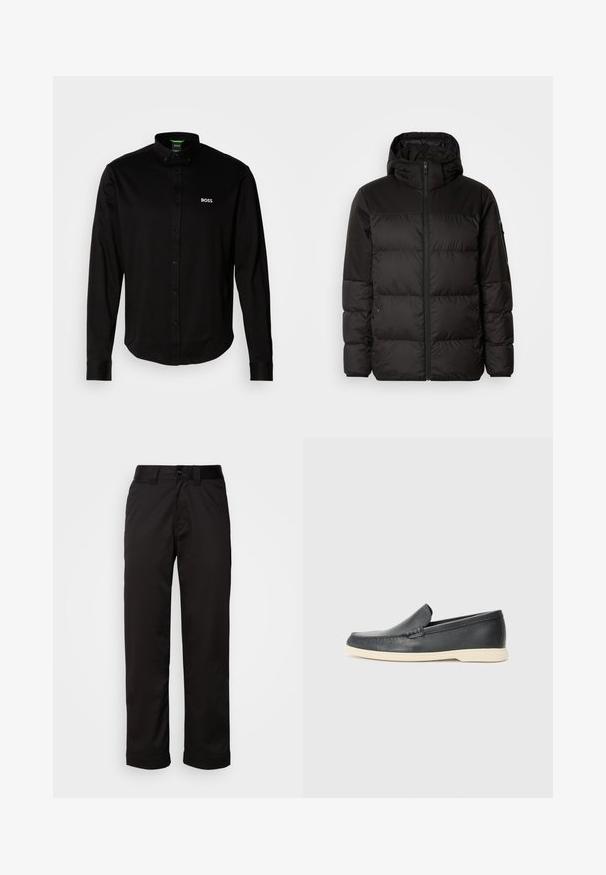Geacă puffer neagră cu închidere cu fermoar, glugă, secțiuni quilted și manșete elastice, realizată dintr-un material neted, rezistent la apă.; Cămașă neagră cu mânecă lungă, cu guler tip button-down, realizată dintr-un material moale, având un logo brodat alb pe partea stângă a pieptului.; Pantaloni negri dintr-un material neted, cu fermoar la brâu, închidere cu nasture și mansete rulate pentru un design casual.; Pantofi loafers din piele neagră, cu un finisaj texturat și o talpă din cauciuc bej contrastantă. Au un accent subtil pe partea din față.