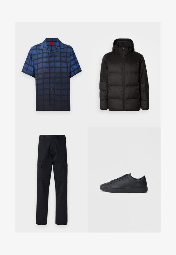 Černá péřová bunda má zipový uzávěr, kapuci, prošívané části a elastické manžety, vyrobená z hladkého, voděodolného materiálu.; Pánská košile na krátký rukáv s knoflíky, modro-černý texturovaný vzor okenních tabulek a límec s rozparkem.; Černé cargo kalhoty vyrobené z odolné tkaniny, s rovnými nohavicemi, dvěma bočními kapsami a zapínáním na knoflík v pase.; Černé tenisky z hladké kůže s nízkým designem, kulatou špičkou a plochou gumovou podrážkou. Mají šněrování a nenápadné branding.