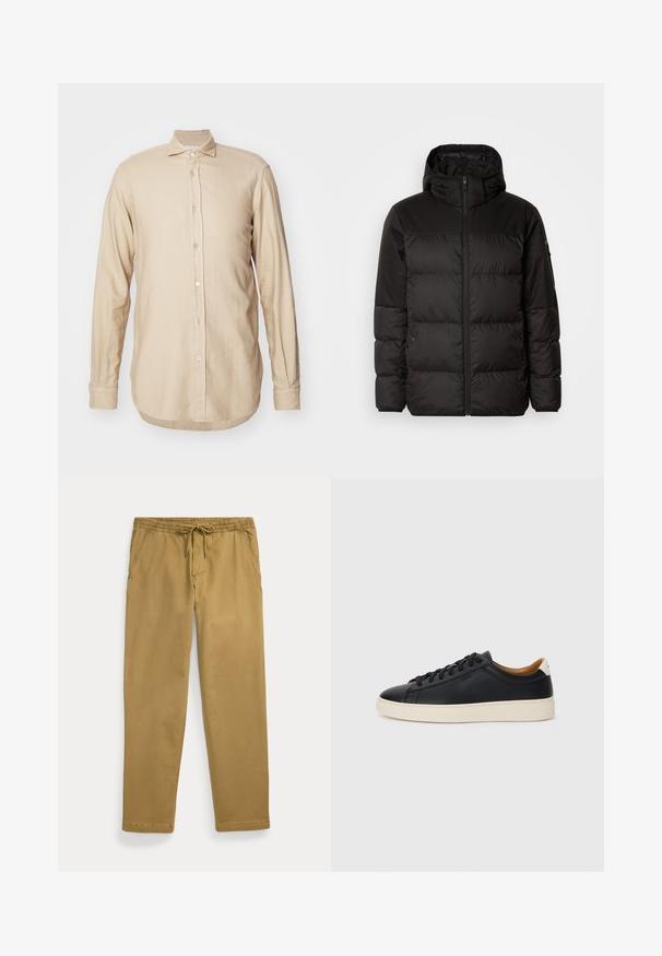 Čierna prešívaná bunda má zips, kapucňu, prešívané sekcie a elastické manžety, vyrobená z hladkého, vodeodolného materiálu.; Béžová dlhá košeľa s dlhými rukávmi vyrobená z ľahkej tkaniny, s gombíkovým zapínaním vpredu, rozloženým golierom a zakriveným lemom so subtilnou textúrou.; Khaki nohavice s rovnými nohavicami, elastickým pásom a prednou šnúrkou, obsahujúce šikmé predné vrecká a prešité lemy.; Čierne kožené tenisky s hladkou textúrou, béžová gumová podrážka, viazanie a kontrastný akcent na päte.
