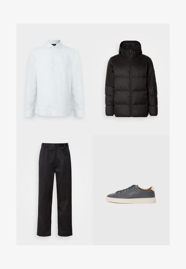 Mustikas puffer-jakk sisaldab tõmblukku, kapuutsi, tikandiga osi ja elastseid mansette, valmistatud siledast veekindlast materjalist.; Meeste nööpidega särk helesinisest kangast, millel on valged vertikaalsed triibud, klassikaline krae, pikad varrukad ja diskreetne logo rinna peal.; Mustadest siledast kangast pükstest, millel on ees nupu sulgemine, voldid ja sirged sääred. Ei mingeid nähtavaid mustreid ega aktsente.; Hallhalli nahast tossud ümmarguse varbaga, kummist tallaga, lamedate paeltega ja heledate aktsentidega kontsadel. Sile tekstuur ja minimalistlik disain.