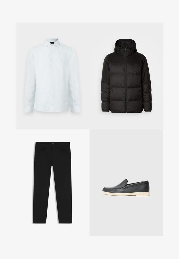 Il giubbotto puffo nero presenta una chiusura con zip, un cappuccio, sezioni trapuntate e polsini elastici, realizzato in un materiale liscio e resistente all'acqua.; Camicia da uomo a maniche lunghe di colore blu chiaro con righe verticali bianche, colletto classico e logo discreto sul petto.; Pantaloni in denim nero con taglio dritto, dotati di vita standard, cinque tasche e chiusura con bottone. Texture liscia su tutta la superficie.; Mocassini neri in pelle con finitura testurizzata e suola in gomma beige a contrasto. Presentano un accento sottile lungo la parte anteriore.