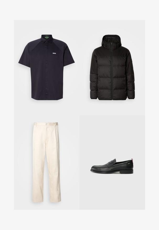 A jaqueta puffer preta apresenta um fecho zip, um capuz, secções acolchoadas e punhos elásticos, confeccionada em um material liso e resistente à água.; Polo de mangas curtas em azul-marinho, com colarinho abotoado, mangas raglan contrastantes e um pequeno logótipo branco da BOSS no peito.; Calças de algodão bege com corte reto, apresentando um fecho de botão e pregas na frente para um detalhe adicional.; Mocassins de couro pretos com um painel frontal texturizado e laterais lisas. Apresentam um salto fino e uma alça na parte de trás para fácil colocação. Design clássico.
