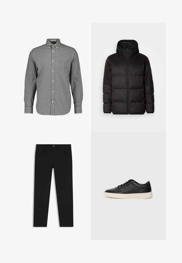 Svart puffjacka med blixtlås, huva, quiltade sektioner och elastiska mudd, tillverkad av ett slätt, vattentåligt material.; Svart och vit rutig skjorta med krage, långa ärmar och bröstficka. Tillverkad av vävt tyg, har en rundad nederkant.; Svarta denimbyxor med rak passform, med en standard midja, fem fickor och knäppning med knapp. Slät yta genomgående.; Svart låg skor i läder med svarta snören och off-white sula, visas i sidoprofil på vit bakgrund.