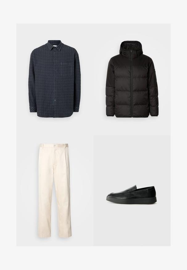 Juodas pūkinis švarkas turi užtrauktuką, gobtuvą, siūlinčius skyrius ir elastinius rankogalius, pagamintas iš lygaus, vandeniui atsparaus medžiagos.; Tamsiai mėlyna marškiniai su tekstūruota tinklo raštu, pilnomis rankovėmis, apykakle ir krūtinės kišene su derančiais mygtukais.; Bežinės medvilninės kelnės su tiesiu kirpimu, turinčios mygtuko uždarymą ir priekyje raukšles papildomai dekoratyviam akcentui.; Calvin Klein HYBRID CUP - Įmautiniai batai - triple black