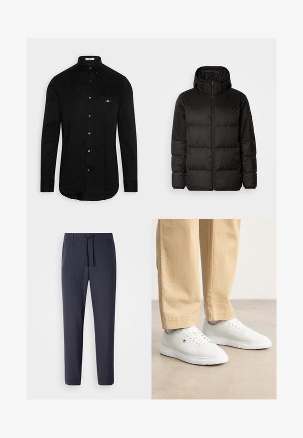 Black puffer jacket features a zip closure, a hood, quilted sections, and elastic cuffs, made from a smooth, water-resistant material.; Black button-up shirt made of cotton, featuring a pointed collar, long sleeves, and a chest pocket with a small logo stitched in color.; Navy jogger pants with an elastic waistband and drawstring. Made of smooth material, featuring tapered legs and no visible pockets.; White leather sneakers with a smooth finish, featuring round toe, lace-up design, and subtle logo detail on the side, paired with beige pants.