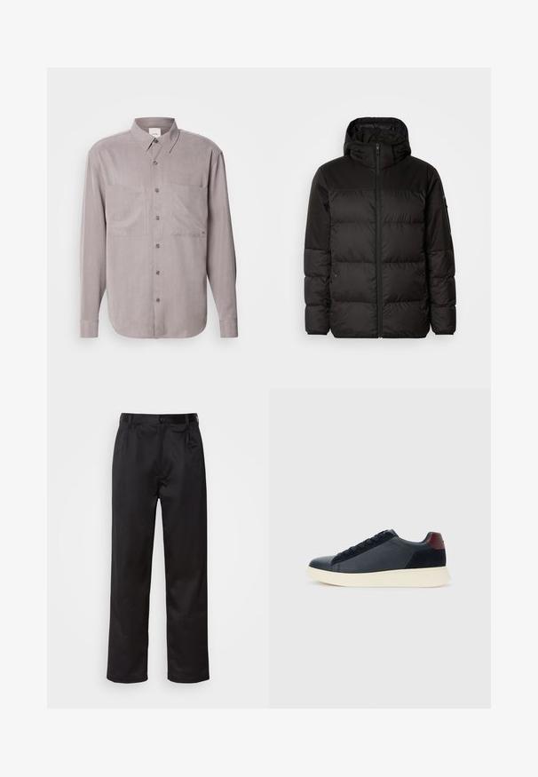 Czarna kurtka puchowa z zapięciem na zamek, kapturem, pikowanymi sekcjami i elastycznymi mankietami, wykonana z gładkiego, wodoodpornego materiału.; Koszula z długim rękawem zapinana na guziki w stonowanym szarym kolorze, z dwoma kieszeniami na piersiach, klasycznym kołnierzykiem i guzikiem w tym samym odcieniu.; Czarne spodnie wykonane z gładkiego materiału, z zapięciem na guzik z przodu, plisami i prostymi nogawkami. Brak widocznych wzorów lub akcentów.; Niskie męskie sneakersy z czarnej skóry i zamszu, z bordową pętlą na pięcie i białą gumową podeszwą, widziane z zewnętrznej strony.