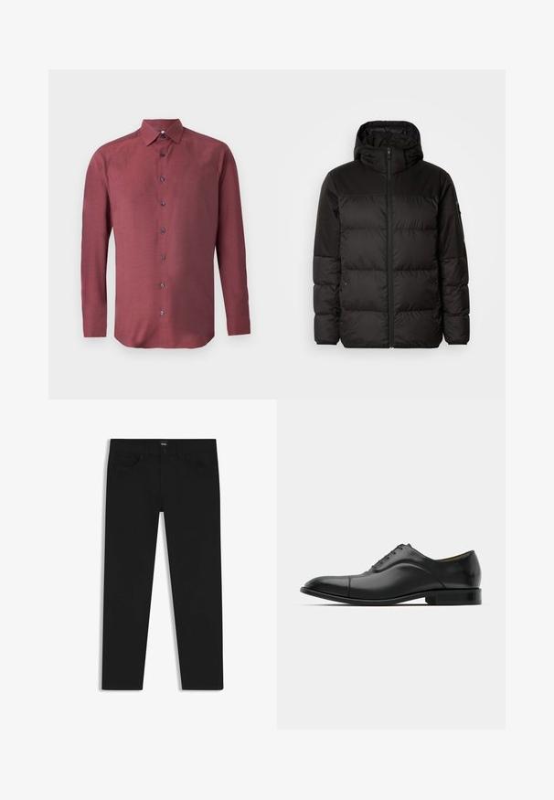 Il giubbotto puffo nero presenta una chiusura con zip, un cappuccio, sezioni trapuntate e polsini elastici, realizzato in un materiale liscio e resistente all'acqua.; Camicia a maniche lunghe, con bottoni, in tessuto bordeaux con un motivo testurizzato e bottoni blu scuro; presenta un colletto punta e un orlo dritto.; Pantaloni in denim nero con taglio dritto, dotati di vita standard, cinque tasche e chiusura con bottone. Texture liscia su tutta la superficie.; Scarpa da uomo in pelle nera con texture liscia, punta arrotondata e cinque occhielli. Presenta un tacco basso impilato e dettagli di cucitura sottili.