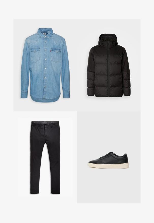 Czarna kurtka puchowa z zapięciem na zamek, kapturem, pikowanymi sekcjami i elastycznymi mankietami, wykonana z gładkiego, wodoodpornego materiału.; Jasnoniebieska koszula dżinsowa z długimi rękawami, spiczastym kołnierzykiem i dwiema kieszeniami na piersi. Posiada zapięcie na guziki oraz zaokrąglony dół.; Czarne bawełniane chino z tapered fit, posiadające pięć kieszeni, szlufki na pasek oraz gładką fakturę. Zamek błyskawiczny z zapięciem na guzik.; Czarne niskie skórzane sneakersy z czarnymi sznurówkami i off-white podeszwą, prezentowane w profilu bocznym na białym tle.