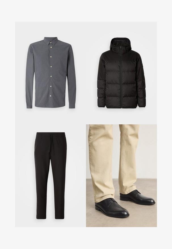 Černá péřová bunda má zipový uzávěr, kapuci, prošívané části a elastické manžety, vyrobená z hladkého, voděodolného materiálu.; Šedá košile s dlouhým rukávem vyrobená z hladkého materiálu, s límečkem na knoflíky, která je zdobena světlými knoflíky a jemným vyšívaným logem.; Černé teplákové kalhoty vyrobené z hladké látky. Mají elastický pas se šňůrkou, zúžené nohavice a žádné viditelné kapsy. Jednoduchý design.; Černé kožené šněrovací boty s kulatou špičkou, hladkým povrchem a jemnými švy, nošené s světlými béžovými kalhotami.