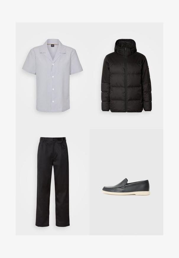 A jaqueta puffer preta apresenta um fecho zip, um capuz, secções acolchoadas e punhos elásticos, confeccionada em um material liso e resistente à água.; Camisa de mangas curtas com um padrão riscado azul e branco, gola e fecho frontal com botões. Feita de um tecido leve.; Calças pretas feitas de um tecido suave, com fecho frontal por botão, pregas e pernas retas. Sem padrões ou acentos visíveis.; Mocassins pretos em couro com acabamento texturizado e sola de borracha bege em contraste. Apresenta um detalhe subtil na parte da frente.