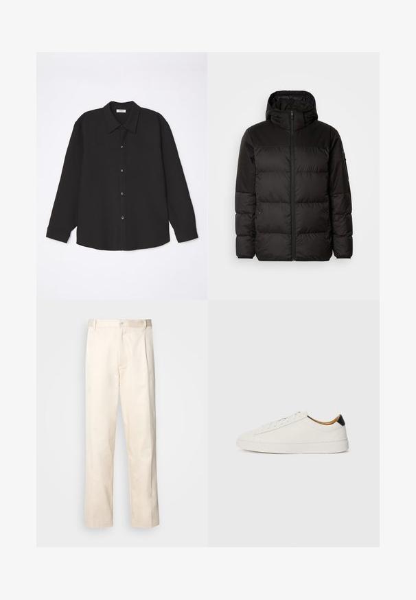 La chaqueta acolchada negra tiene un cierre de cremallera, capucha, secciones acolchadas y puños elásticos, hecha de un material suave y resistente al agua.; sandro JOKER - Camisa - noir; Pantalones de algodón beige con corte recto, que cuentan con un cierre de botón y pliegues en la parte frontal para un detalle adicional.; Zapatilla blanca con parte superior de cuero suave, punta redonda y suela plana. Acento negro en el talón, con cordones tonales y un branding minimalista.