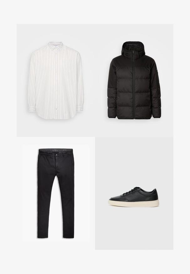 Musta puhvijakku sisältää vetoketjun, hupun, tilkuista koostuvia osioita ja joustavat hihansuut. Se on valmistettu sileästä, vedenpitävästä materiaalista.; Napapaita pitkähihaista valkoisissa ja vaaleanbeigeissä raidoissa, vasemmassa rinnassa tasku, klassinen kaulus, kevyt kangas.; Musta puuvillainen chinos-housut tapered-fit -mallilla, viidellä taskulla, vyölenkeillä ja sileällä pinnalla. Vetoketjukiinnitys nappisuljennalla.; Musta matalavartinen nahkastretchu, jossa on mustat nauhat ja vaaleanharmaa pohja, esitetty sivuprofiilissa valkoista taustaa vasten.