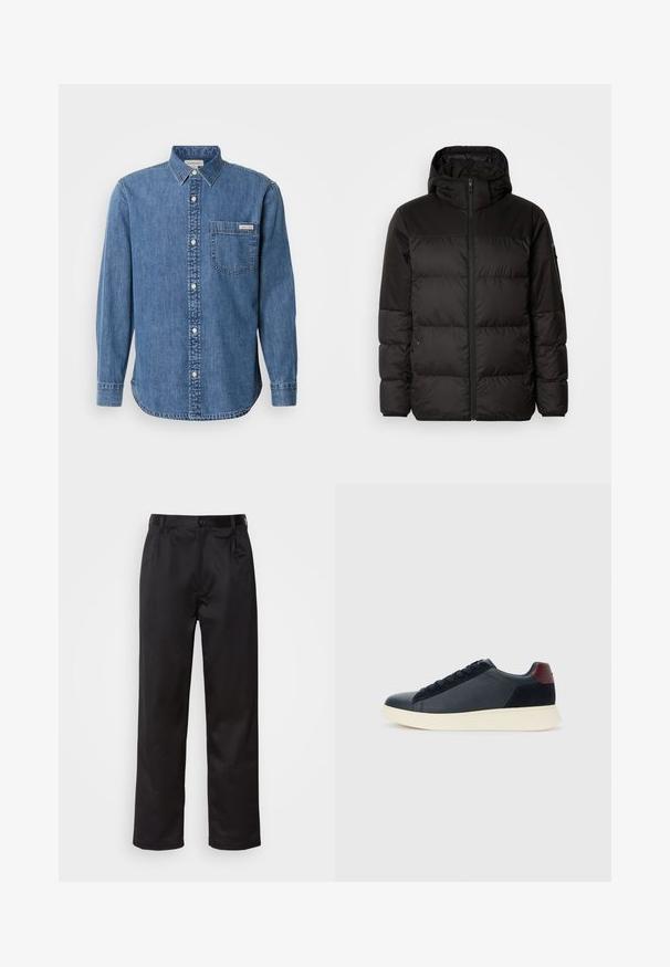 Czarna kurtka puchowa z zapięciem na zamek, kapturem, pikowanymi sekcjami i elastycznymi mankietami, wykonana z gładkiego, wodoodpornego materiału.; Jeansowa koszula w średnim odcieniu niebieskiego z kołnierzykiem zapinanym na guziki, długimi rękawami, kieszonką z przodu i białymi guzikami. Posiada lekko zaokrąglony dół.; Czarne spodnie wykonane z gładkiego materiału, z zapięciem na guzik z przodu, plisami i prostymi nogawkami. Brak widocznych wzorów lub akcentów.; Niskie męskie sneakersy z czarnej skóry i zamszu, z bordową pętlą na pięcie i białą gumową podeszwą, widziane z zewnętrznej strony.