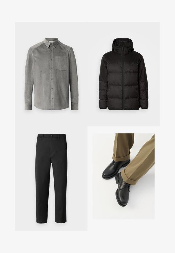 Musta puhvijakku sisältää vetoketjun, hupun, tilkuista koostuvia osioita ja joustavat hihansuut. Se on valmistettu sileästä, vedenpitävästä materiaalista.; Harmaa corduroy pitkähihainen paita, jossa on etutasku, napillinen kaulus ja pystyribatoitu pinta; tavallinen istuvuus napituksilla.; Mustat suorat housut, valmistettu sileästä kankaasta. Varustettu nappisulkimella ja vyölenkeillä. Ei näkyviä kuvioita tai yksityiskohtia.; Musta nahkakengät, joissa on sileä pinta, kengännauhat ja pyöreä kärki, yhdistettynä ylös käärittyihin khaki-housuihin.