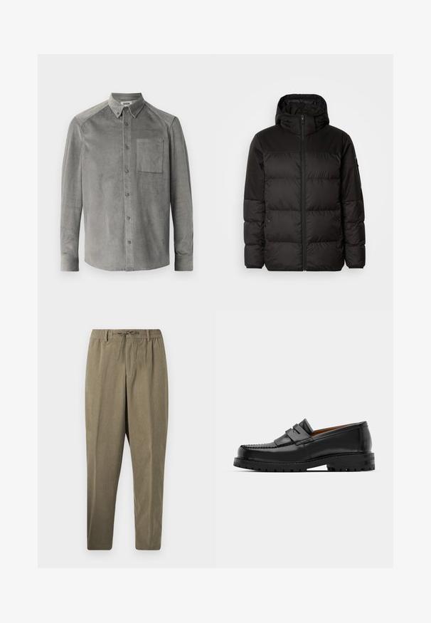 Zwarte pufferjas met ritsluiting, een capuchon, gequiltte secties en elastische manchetten, gemaakt van een glad, waterafstotend materiaal.; Grijze corduroy overhemd met lange mouwen, voorzien van een borstzak, button-down kraag en verticale ribbelstructuur; standaard pasvorm met knoopsluitingen.; Taupe corduroy broek met elastische tailleband, riemlussen en trekkoord, rechte pijp tegen een plain witte achtergrond.; Zwarte leren instappers hebben een verhoogde naad, twee decoratieve banden op de bovenkant en een dikke, gestructureerde zool voor extra grip.