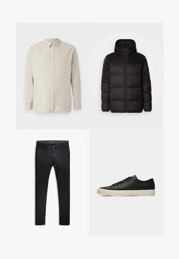 A jaqueta puffer preta apresenta um fecho zip, um capuz, secções acolchoadas e punhos elásticos, confeccionada em um material liso e resistente à água.; Camisa de mangas longas bege com gola abotoada, apresentando um tecido texturizado e fecho frontal com botões. Estilo atual com um corte descontraído.; Chinos pretos de algodão com um corte afunilado, apresentando cinco bolsos, passantes para cinto e uma textura suave. Fecho com zíper e botão.; Sapatilha baixa em couro preto com atacadores pretos e sola de borracha off-white, vista lateral mostrando um discreto logotipo "BOSS".