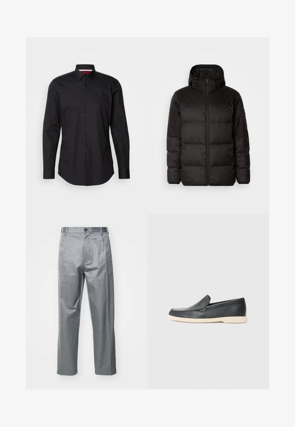 A fekete steppelt dzseki cipzáros záródással, kapucnival, steppelt részekkel és rugalmas mandzsettákkal rendelkezik, sima, vízálló anyagból készült.; Fekete gombos ing, hosszú ujjakkal, klasszikus gallérral és látható gombsorral. A gallér belseje piros és fehér mintás részlettel rendelkezik.; Szürke pamut keverék nadrág, egyenes szabással, elülső gombos záródással, övrésekkel és oldalsó zsebekkel.; Fekete bőr, slip-on stílusú loaferek, texturált felülettel és kontrasztos bézs gumitalppal. A frontrészén finom díszítéssel rendelkezik.