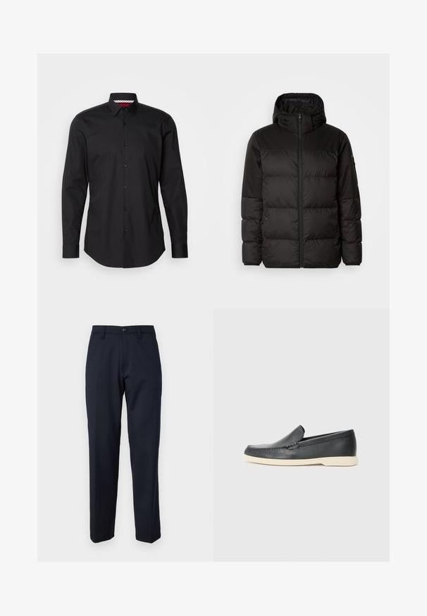 Musta puhvijakku sisältää vetoketjun, hupun, tilkuista koostuvia osioita ja joustavat hihansuut. Se on valmistettu sileästä, vedenpitävästä materiaalista.; Mustat napitettavat paidat, joissa on pitkät hihat, klassinen kaulus ja näkyvä nappilista. Kauluksen sisäpuolella on punavalkoinen kuviovaihtoehto.; Meriinisinisiä housuja, jotka on valmistettu sileästä kankaasta. Niissä on etuvetoketju, suorat lahkeet ja sivutaskut. Ei näkyviä kuvioita tai koristeita.; Mustat nahkakengät ilman nauhoja, joissa on teksturoitu pinta ja kontrastoiva beige kumipohja. Kengissä on hillitty yksityiskohta etuosassa.