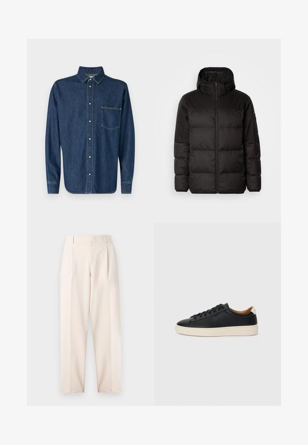 Juodas pūkinis švarkas turi užtrauktuką, gobtuvą, siūlinčius skyrius ir elastinius rankogalius, pagamintas iš lygaus, vandeniui atsparaus medžiagos.; Tamsiai mėlyna džinsinė marškiniai su ilgomis rankovėmis, mygtukų užsegimu iš priekio ir viena krūtinės kišenė. Ypatybės: klasikinis apykaklė ir tiesus apatinis kraštas.; Bežiniai pritaikyti kelnių su didele juosmeniu, klostėmis ir tiesiu kojų dizainu. Pagaminti iš lygaus audinio, su šoninėmis kišenėmis ir švariu apdaila.; Juodos odinės sportbačiai su lygiu paviršiumi, smėlio spalvos guminis padas, raišteliais užsegama konstrukcija ir kontrastingas kulno akcentas.