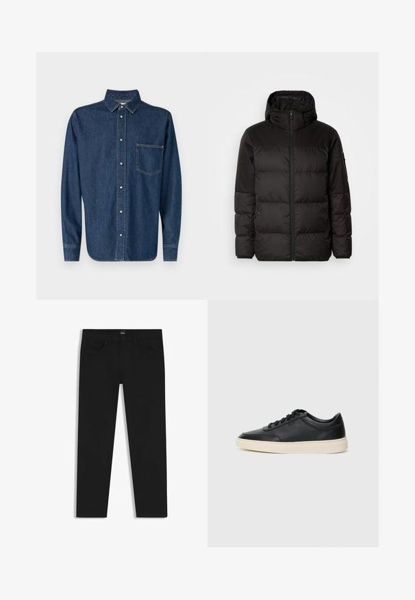 Czarna kurtka puchowa z zapięciem na zamek, kapturem, pikowanymi sekcjami i elastycznymi mankietami, wykonana z gładkiego, wodoodpornego materiału.; Granatowa koszula dżinsowa z długimi rękawami, z zapięciem na guziki z przodu i jedną kieszenią na piersi. Posiada klasyczny kołnierzyk i prosty dół.; Czarne dżinsy o prostym kroju, z klasycznym paskiem, pięcioma kieszeniami i zapięciem na guzik. Gładka faktura na całej powierzchni.; Czarne niskie skórzane sneakersy z czarnymi sznurówkami i off-white podeszwą, prezentowane w profilu bocznym na białym tle.