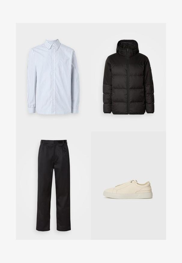 Czarna kurtka puchowa z zapięciem na zamek, kapturem, pikowanymi sekcjami i elastycznymi mankietami, wykonana z gładkiego, wodoodpornego materiału.; Koszula z długim rękawem, zapinana na guziki, w jasnoniebieskie i białe paski, wykonana z bawełnnej tkaniny, z kieszonką na piersi i kołnierzykiem zapinanym na guziki.; Czarne spodnie wykonane z gładkiego materiału, z zapięciem na guzik z przodu, plisami i prostymi nogawkami. Brak widocznych wzorów lub akcentów.; Beżowe skórzane sneakersy z zaokrąglonym noskiem, minimalistycznym designem, subtelnymi przeszyciami i teksturowaną cholewką, na jasnej podeszwie.