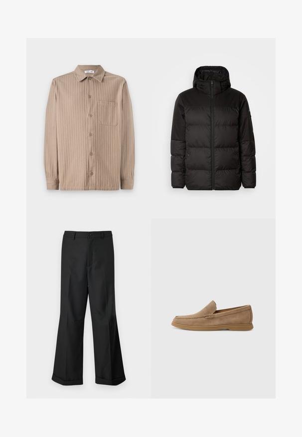 Črna zimska jakna ima zadrgo, kapuco, prešite odseke in elastične manšete, izdelana je iz gladkega, vodoodpornega materiala.; Bež srajca s gumbi in črtasto teksturo, ki ima ovratnik, dolge rokave in žep na prsih. Narejena iz mehkega materiala.; Črne široke hlače z gumbasto pasom in manšetami, prikazane na enostavni beli podlagi.; Rjave semiš slip-on loafers z gladko teksturo in šivanim detajlom; vključujejo gumijast podplat za oprijem.
