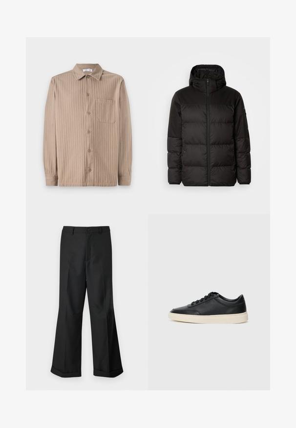Crna puf jakna ima zatvaranje na zip, kapuljaču, kviltane dijelove i elastične manžete, izrađena je od glatkog, vodootpornog materijala.; Bež košulja s gumbima i prugastom teksturom, s ovratnikom, dugim rukavima i džepom na prsima. Izrađena je od mekanog materijala.; Crne široke hlače s pojasom na dugmi i manžetama, prikazane na jednostavnoj bijeloj pozadini.; Crne niske kožne tenisice s crnim vezicama i kremasto bijelom potplatom prikazane u bočnom profilu na bijeloj pozadini.