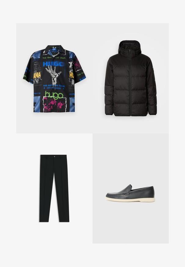 Zwarte pufferjas met ritsluiting, een capuchon, gequiltte secties en elastische manchetten, gemaakt van een glad, waterafstotend materiaal.; Korte mouwen shirt met een zwarte stof en een mix van grafische prints in blauw, groen, roze en wit, die verschillende teksten en ontwerpen weergeven.; Zwarte dresspants met een recht pasvorm, gemaakt van een gladde stof. Heeft een sluiting met een knoop aan de voorkant en ceintuurlussen. Effen zonder patronen.; Zwarte leren instappers met een gestructureerde afwerking en een contrasterende beige rubberen zool. Beschikt over een subtiele accent langs de voorkant.