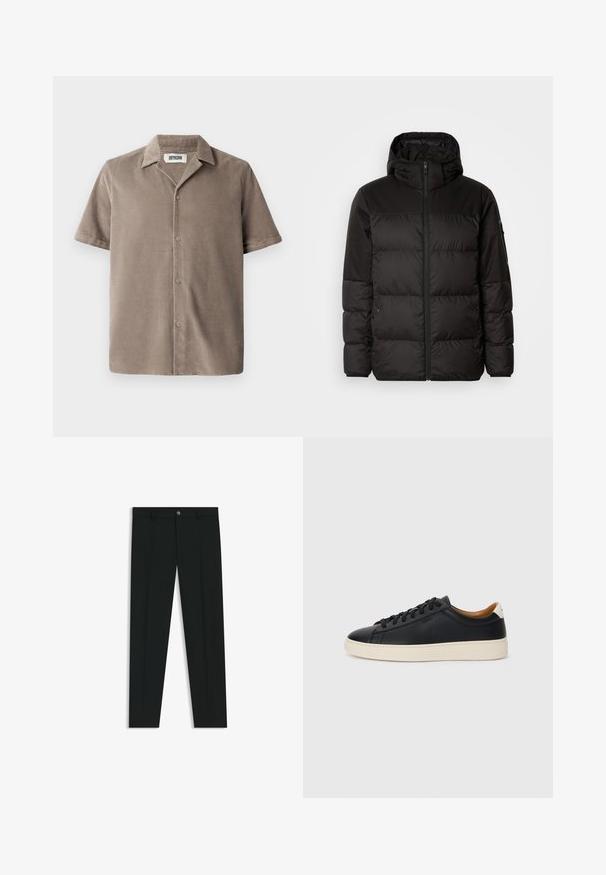 Black puffer jacket features a zip closure, a hood, quilted sections, and elastic cuffs, made from a smooth, water-resistant material.; Short-sleeve shirt in light brown corduroy, featuring a notched collar, button front closure, and a relaxed fit with subtle texture.; Black dress pants with a straight-leg design, made of smooth fabric. Features a front button closure and belt loops. Plain without patterns.; Black leather sneakers with a smooth texture, beige rubber sole, lace-up design, and a contrasting heel accent.