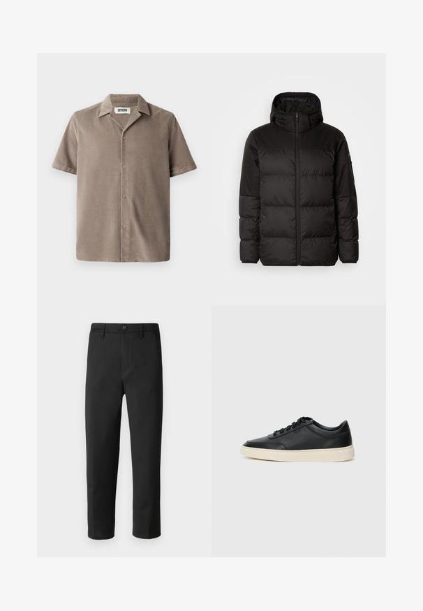 La chaqueta acolchada negra tiene un cierre de cremallera, capucha, secciones acolchadas y puños elásticos, hecha de un material suave y resistente al agua.; Camisa de manga corta en corduroy marrón claro, con cuello con muescas, cierre frontal de botones y un corte relajado con una sutil textura.; Pantalones negros de corte recto, hechos de una tela lisa. Cuentan con un cierre de botón y trabillas para cinturón. Sin patrones ni acentos visibles.; Zapatilla negra de piel de caña baja con cordones negros y suela color crema, mostrada en perfil lateral sobre fondo blanco.