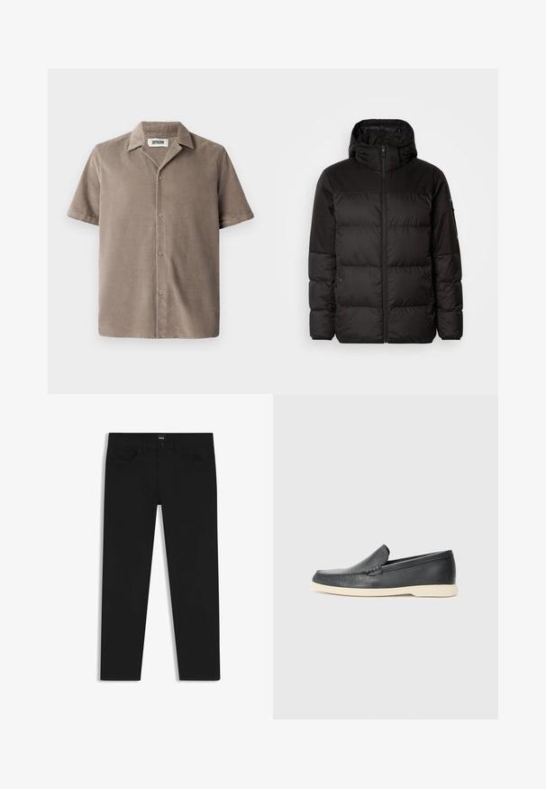 Sort pufferjakke med lynlås, hætte, quiltede sektioner og elastiske manchetter, lavet af et glat, vandafvisende materiale.; Kortærmet skjorte i lys brun kordfløjl, med en klapkrave, knaplukning foran og en afslappet pasform med subtil tekstur.; Sorte denimbukser med lige pasform, der har en standard talje, fem lommer og en knaplukning. Glat struktur over det hele.; Sorte læder slip-on loafers med en struktureret overflade og en kontrasterende beige gummisål. Har en subtil detalje langs forsiden.