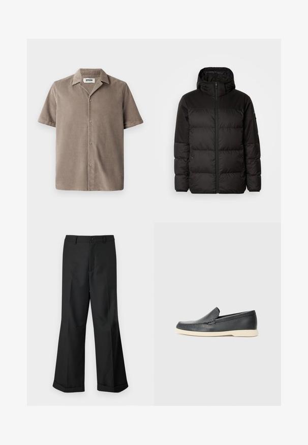 Sort pufferjakke med lynlås, hætte, quiltede sektioner og elastiske manchetter, lavet af et glat, vandafvisende materiale.; Kortærmet skjorte i lys brun kordfløjl, med en klapkrave, knaplukning foran og en afslappet pasform med subtil tekstur.; Sorte vide benbukser med knappet talje og opslåede ben, præsenteret mod en ensfarvet hvid baggrund.; Sorte læder slip-on loafers med en struktureret overflade og en kontrasterende beige gummisål. Har en subtil detalje langs forsiden.