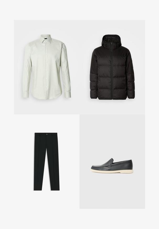 Zwarte pufferjas met ritsluiting, een capuchon, gequiltte secties en elastische manchetten, gemaakt van een glad, waterafstotend materiaal.; Lichtgroen overhemd met lange mouwen, knoopsluiting en een gestructureerde kraag, met een effen textuur en een voorkant met witte knopen.; Zwarte dresspants met een recht pasvorm, gemaakt van een gladde stof. Heeft een sluiting met een knoop aan de voorkant en ceintuurlussen. Effen zonder patronen.; Zwarte leren instappers met een gestructureerde afwerking en een contrasterende beige rubberen zool. Beschikt over een subtiele accent langs de voorkant.