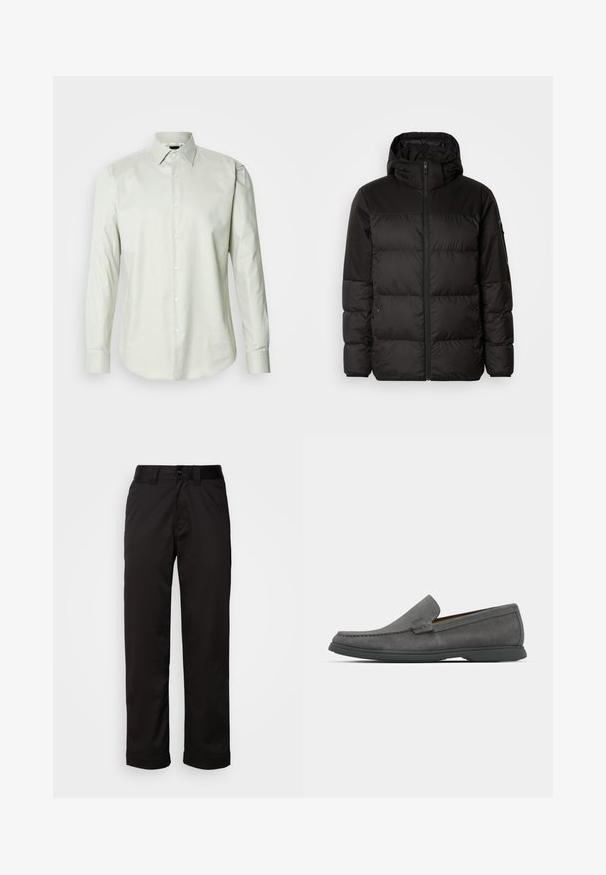 Černá péřová bunda má zipový uzávěr, kapuci, prošívané části a elastické manžety, vyrobená z hladkého, voděodolného materiálu.; Světle zelená košile s dlouhým rukávem na knoflíky, se strukturovaným límcem, hladkou texturou a předním zapínáním na bílé knoflíky.; Černé kalhoty vyrobené z hladkého materiálu, s zipem, knoflíkovým zapínáním a ohrnutými manžetami pro ležérní design.; Šedé semišové loafers s kulatou špičkou, prošívanými detaily a nízkou gumovou podrážkou. Jsou charakteristické designem na sklouznutí bez viditelného kovového vybavení.