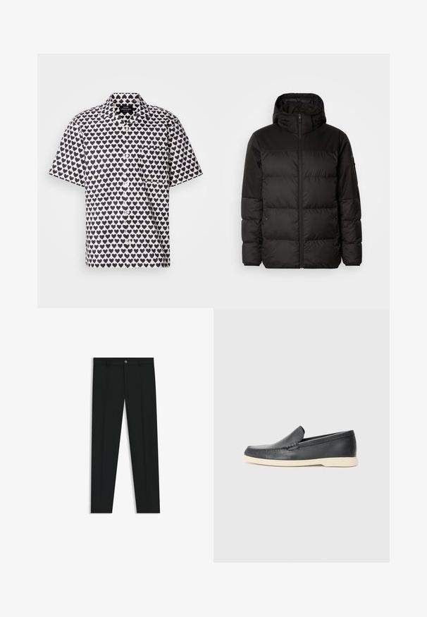 Schwarze Pufferjacke mit Reißverschluss, Kapuze, gesteppten Abschnitten und elastischen Bündchen, hergestellt aus einem glatten, wasserabweisenden Material.; Kurzarmhemd aus weißem Stoff mit einem navy-blauen Herzmuster. Hat eine Knopfleiste, einen Kragen und eine Tasche auf der linken Brust.; Schwarze Anzughosen mit geradem Bein, aus glattem Stoff. Mit Knopfverschluss vorne und Gürtelschlaufen. Schlicht ohne Muster.; Schwarze Leder-Slipper mit strukturiertem Finish und einer kontrastierenden beige Gummisohle. Mit einem dezenten Akzent an der Vorderseite.