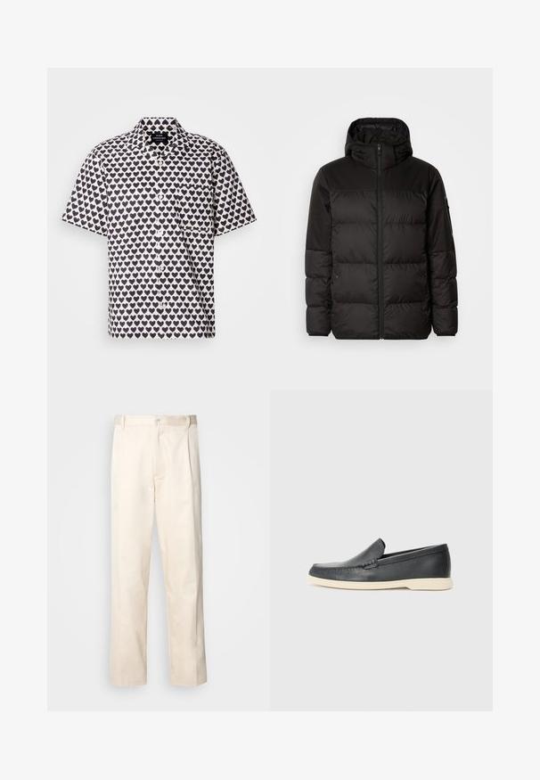 Crna puf jakna ima zatvaranje na zip, kapuljaču, kviltane dijelove i elastične manžete, izrađena je od glatkog, vodootpornog materijala.; Košulja kratkih rukava od bijelog materijala s mornarskoplavim uzorkom srca. Ima kopčanje na gumbi, ovratnik i dzep na lijevoj strani prsnog dijela.; Bežaste pamučne hlače ravnog kroja s kopčanjem na dugme i plisiranjima sprijeda za dodatni detalj.; Crne kožne cipele na slip-on s teksturiranim završetkom i kontrastnom bež gumom. Imaju suptilan naglasak duž prednje strane.