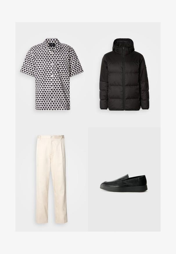 Black puffer jacket features a zip closure, a hood, quilted sections, and elastic cuffs, made from a smooth, water-resistant material.; Short-sleeve shirt in white fabric with a navy heart pattern. Features a button front, collar, and a pocket on the left chest.; Beige cotton trousers with a straight-leg cut, featuring a button closure and pleats at the front for added detail.; Calvin Klein HYBRID CUP - Slip-ons - triple black