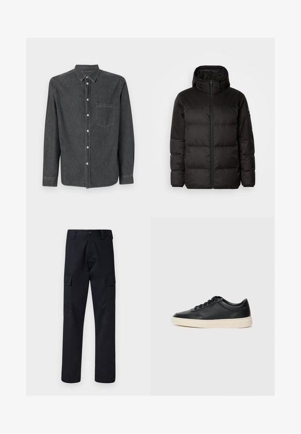 Melna pūkainā jakā iezīmes ir rāvējslēdzēja aizdare, kapuce, kvadrātveida šuves un elastīgas aproces, izgatavota no gludas, ūdensizturīgas vielas.; Pelēks denima krekls ar garām piedurknēm, norādītu apkakli, priekšējo kabatu un baltām pogām. Mīksta tekstūra ar nedaudz izbalējušu apdari.; Melni kravas bikses, kas izgatavotas no izturīga auduma, ar taisnu kāju griezumu, divām sānu kabatām un pogu aizdari jostas vietā.; Melnas zemas ādas sporta kurpes ar melnām auklām un off-white zoli, rādītas no sānu profila uz baltā fona.