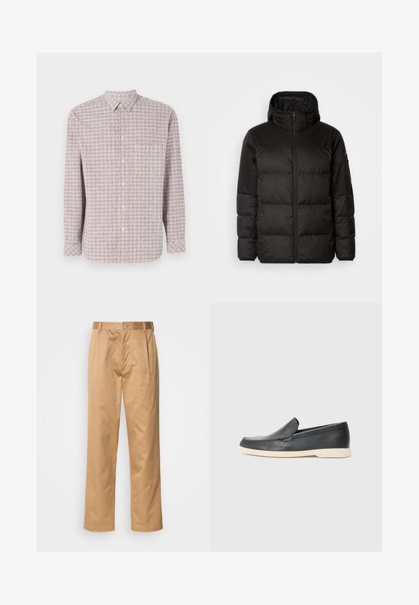 Schwarze Pufferjacke mit Reißverschluss, Kapuze, gesteppten Abschnitten und elastischen Bündchen, hergestellt aus einem glatten, wasserabweisenden Material.; Langärmliges, knöpfbares Hemd in zartem Rosa mit strukturiertem Quadratmuster. Baumwollstoff, klassischer Kragen und Knopfverschluss.; Khaki-Hosen aus Baumwollmischung, im geraden Schnitt, mit Vorderfalten, Gürtelschlaufen und Knopfverschluss. Glatte Textur ohne Muster.; Schwarze Leder-Slipper mit strukturiertem Finish und einer kontrastierenden beige Gummisohle. Mit einem dezenten Akzent an der Vorderseite.