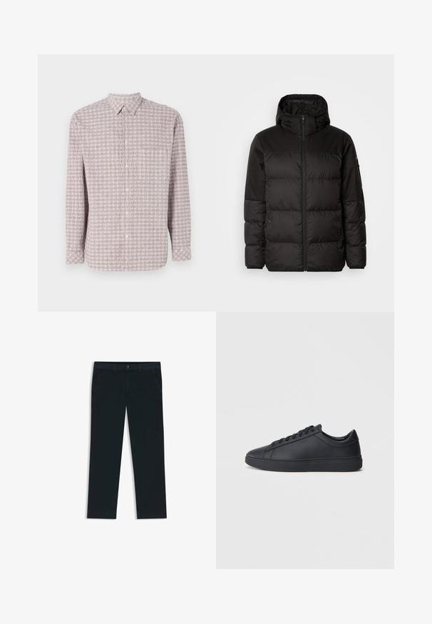 Il giubbotto puffo nero presenta una chiusura con zip, un cappuccio, sezioni trapuntate e polsini elastici, realizzato in un materiale liscio e resistente all'acqua.; Camicia a maniche lunghe, con bottoni, di colore rosa chiaro con un motivo a quadrati testurizzati. Tessuto di cotone, colletto classico e chiusura con bottoni.; Chinos di un blu navy scuro realizzati in tessuto misto cotone. Presentano passanti per cintura, tasche frontali e una chiusura con zip e bottone.; Sneakers neri realizzati in pelle liscia, con design a bassa cima, punta rotonda e suola piatta in gomma. Presentano lacci e un branding discreto.