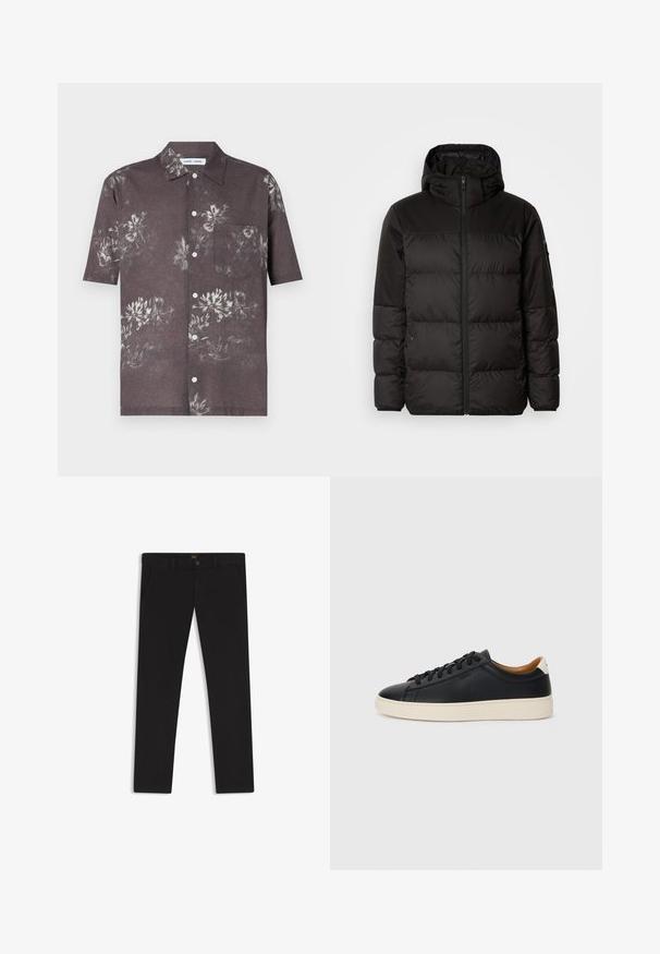 Svart puffjacka med blixtlås, huva, quiltade sektioner och elastiska mudd, tillverkad av ett slätt, vattentåligt material.; Kortärmad skjorta i mörkgrått tyg med blommönster i ljusare nyanser, en knäppning framtill och en bröstficka.; Svarta byxor gjorda av tyg med en slät textur. Har en knäppning med knapp, bälteshällor och sidofickor. Standard rakt ben-design.; Svarta lädersneakers med en slät yta, beige gummisula, snörning och en kontrasterande hälackcent.