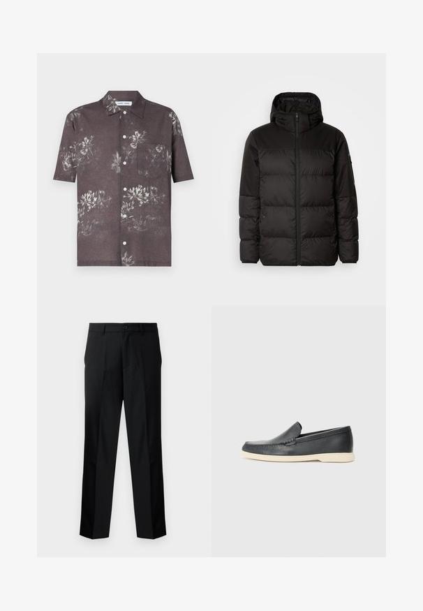 Musta puhvijakku sisältää vetoketjun, hupun, tilkuista koostuvia osioita ja joustavat hihansuut. Se on valmistettu sileästä, vedenpitävästä materiaalista.; T-paita lyhythihaisena tummanharmaasta kankaasta, jossa on kukkakuosi vaaleammissa sävyissä, napitus edessä ja rintatasku.; Mustat räätälöidyt housut suoran leikkauksen kanssa, joissa on nappisulku, vetoketjulahje ja vyölenkit. Sileä kangas ja sivutaskut.; Mustat nahkakengät ilman nauhoja, joissa on teksturoitu pinta ja kontrastoiva beige kumipohja. Kengissä on hillitty yksityiskohta etuosassa.